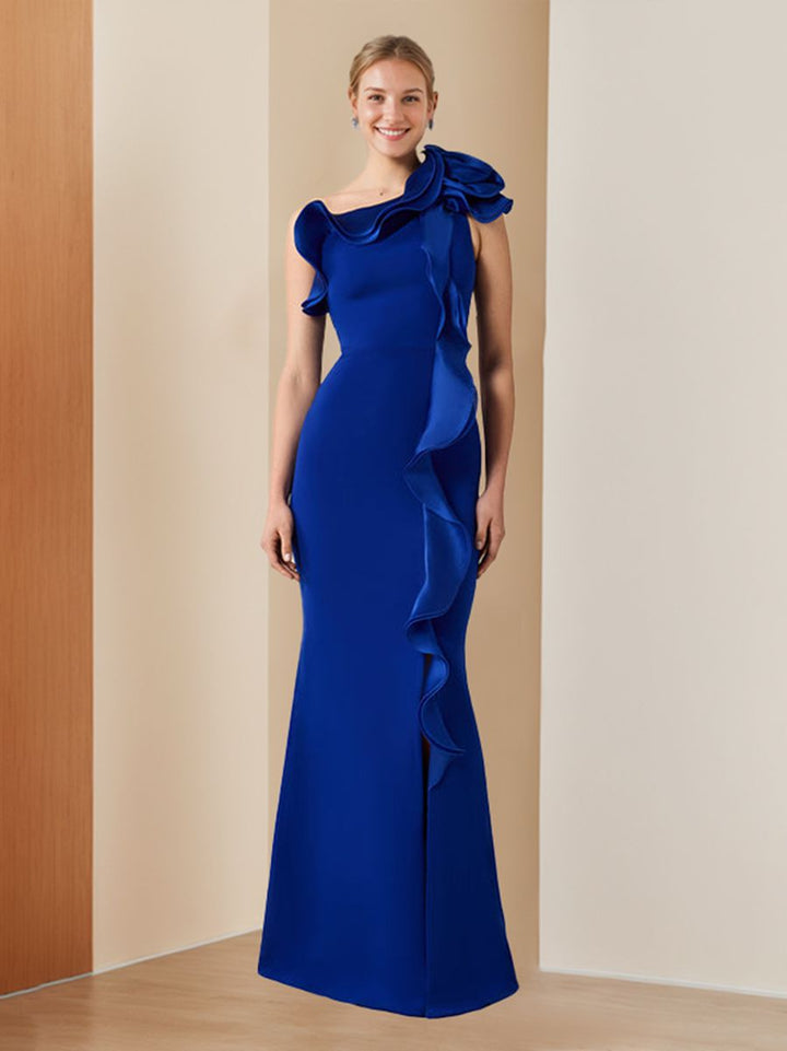 Sheath/Column One-Shoulder Sleeveless Floor-Length Chic Evening Dresses with Ruffles