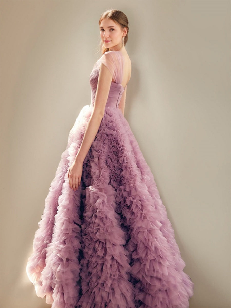 Ball Gown Pretty One-Shoulder Ruched Tiered Tulle Floor-Length Evening Dresses with Ruffles