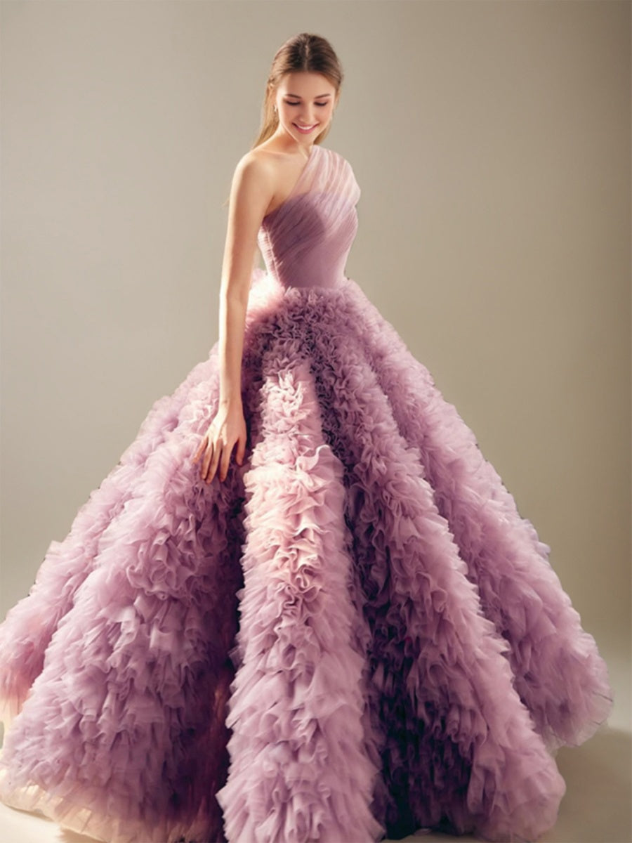 Ball Gown Pretty One-Shoulder Ruched Tiered Tulle Floor-Length Evening Dresses with Ruffles
