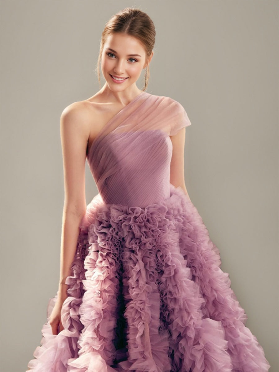 Ball Gown Pretty One-Shoulder Ruched Tiered Tulle Floor-Length Evening Dresses with Ruffles