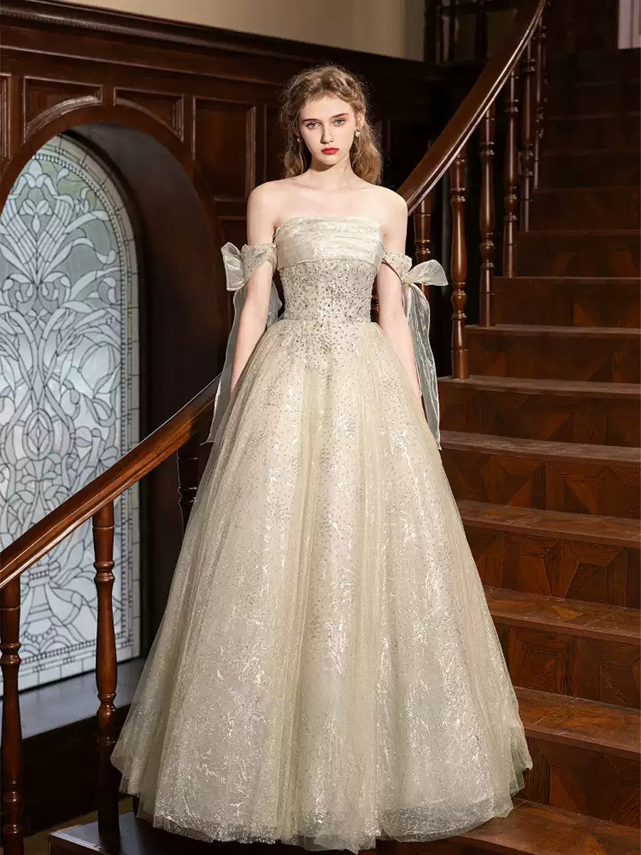 A-line/Princess Off-the-shoulder Floor-Length Pleated Evening Dresses with Bows & Beads & Lace-up