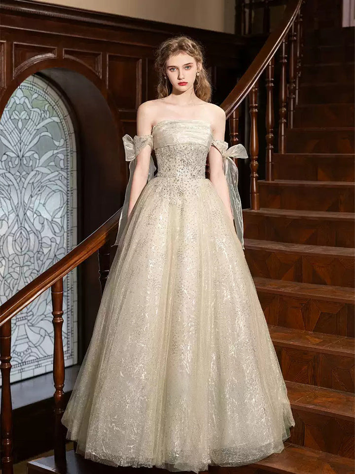 A-line/Princess Off-the-shoulder Floor-Length Pleated Evening Dresses with Bows & Beads & Lace-up