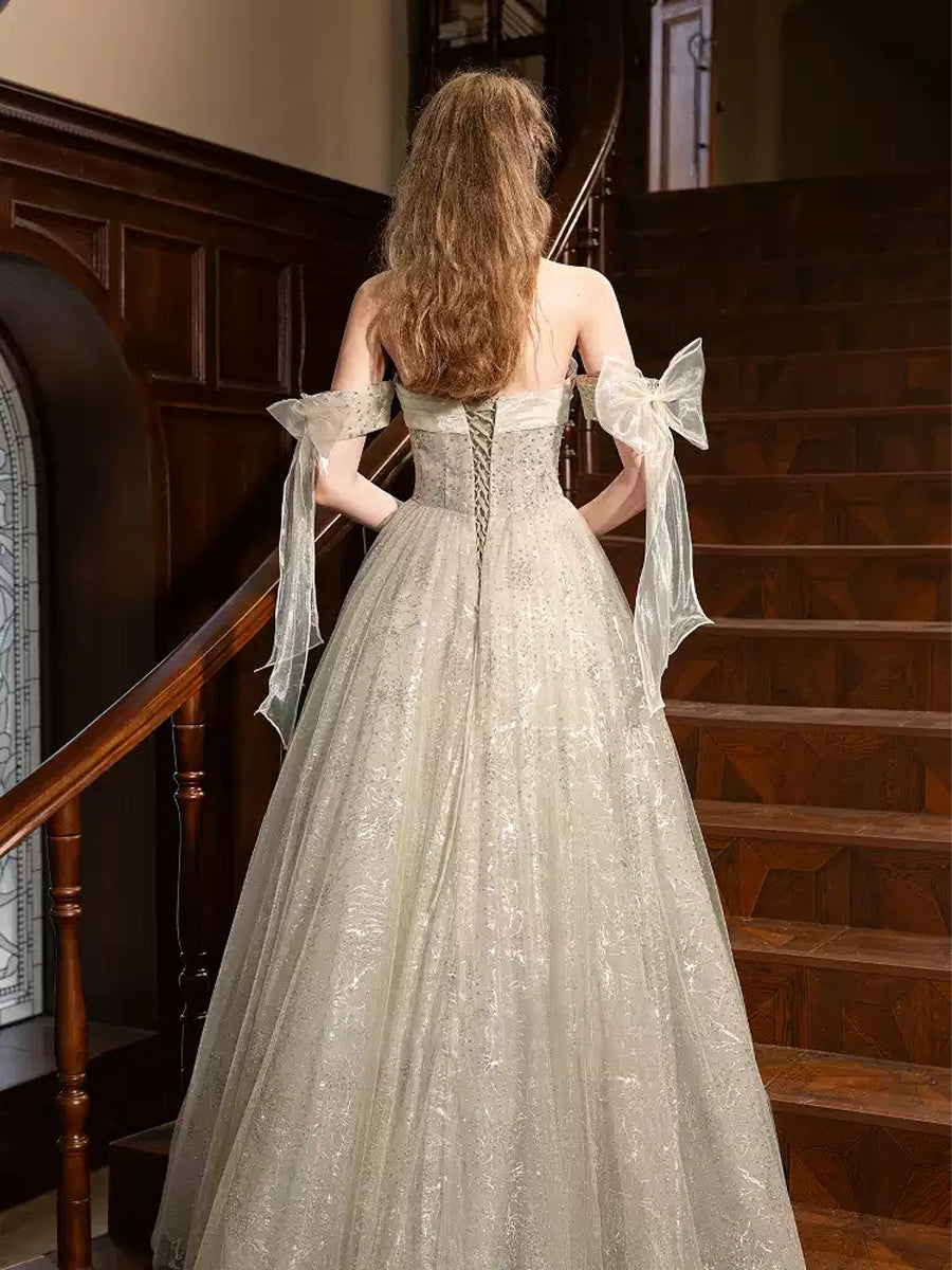 A-line/Princess Off-the-shoulder Floor-Length Pleated Evening Dresses with Bows & Beads & Lace-up