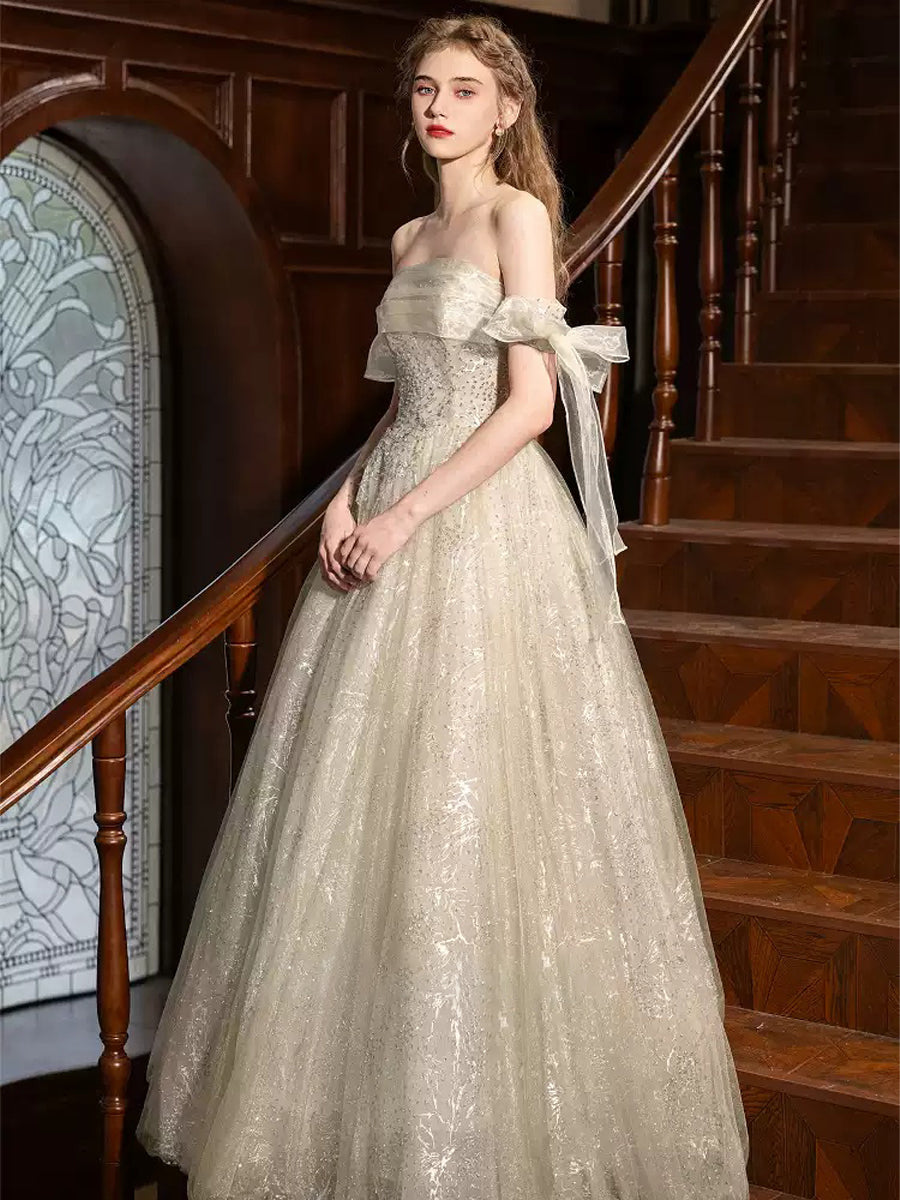 A-line/Princess Off-the-shoulder Floor-Length Pleated Evening Dresses with Bows & Beads & Lace-up