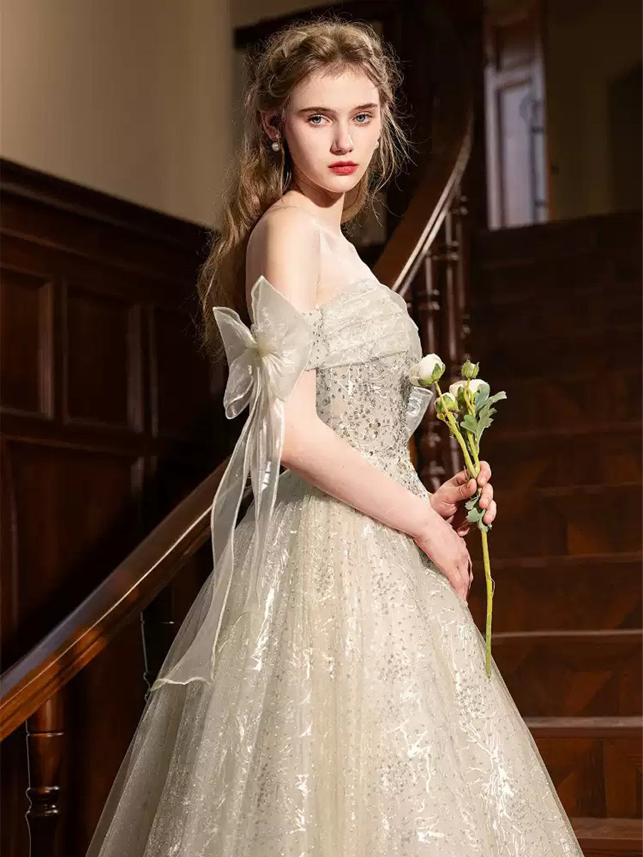 A-line/Princess Off-the-shoulder Floor-Length Pleated Evening Dresses with Bows & Beads & Lace-up