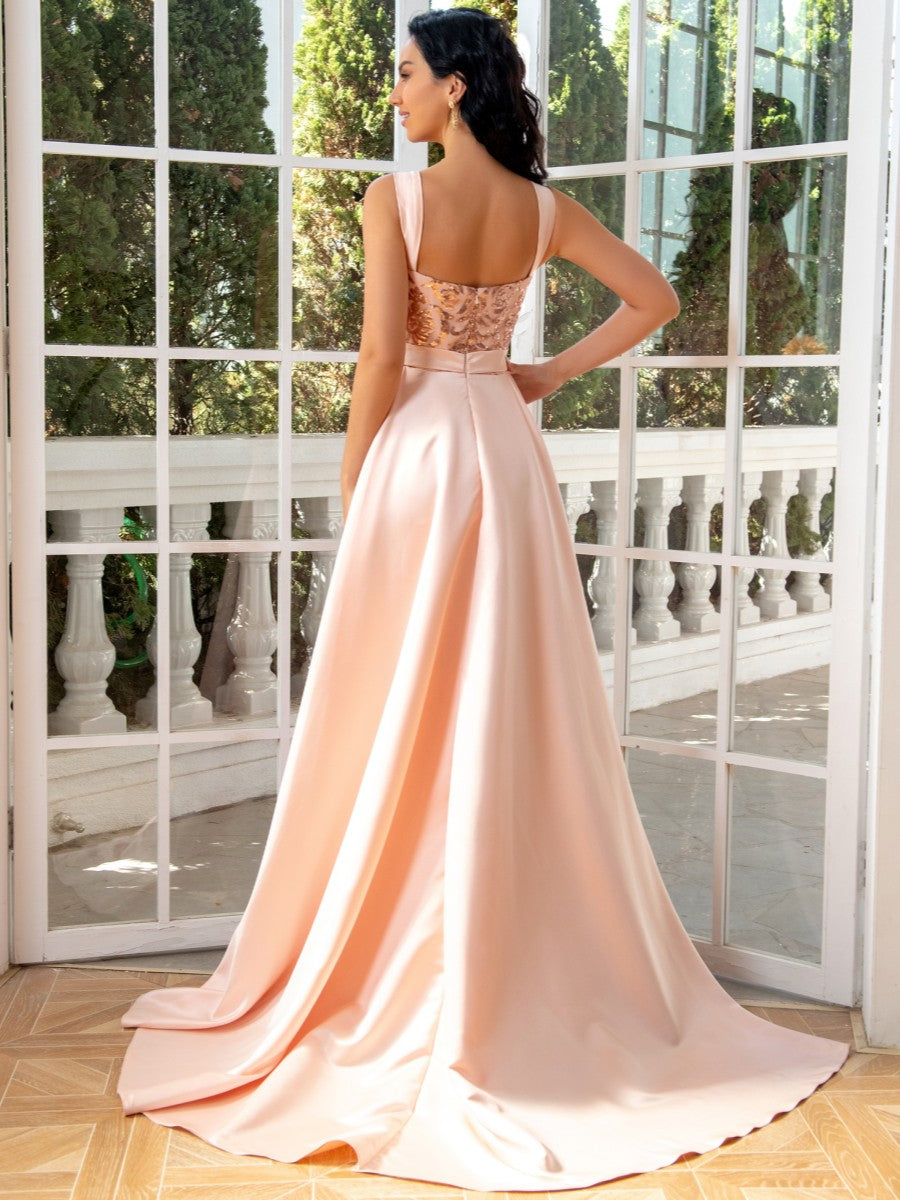 Sheath/Column Plunge V-Neck Sleeveless Floor-Length Evening Dresses with Watteau Train & Sequins & Slit