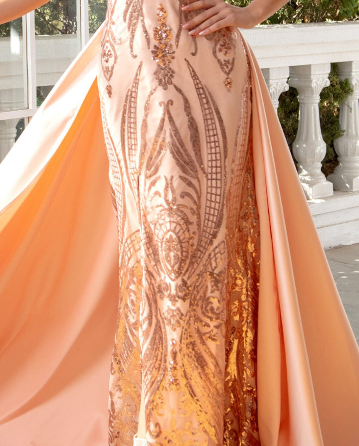 Sheath/Column Plunge V-Neck Sleeveless Floor-Length Evening Dresses with Watteau Train & Sequins & Slit