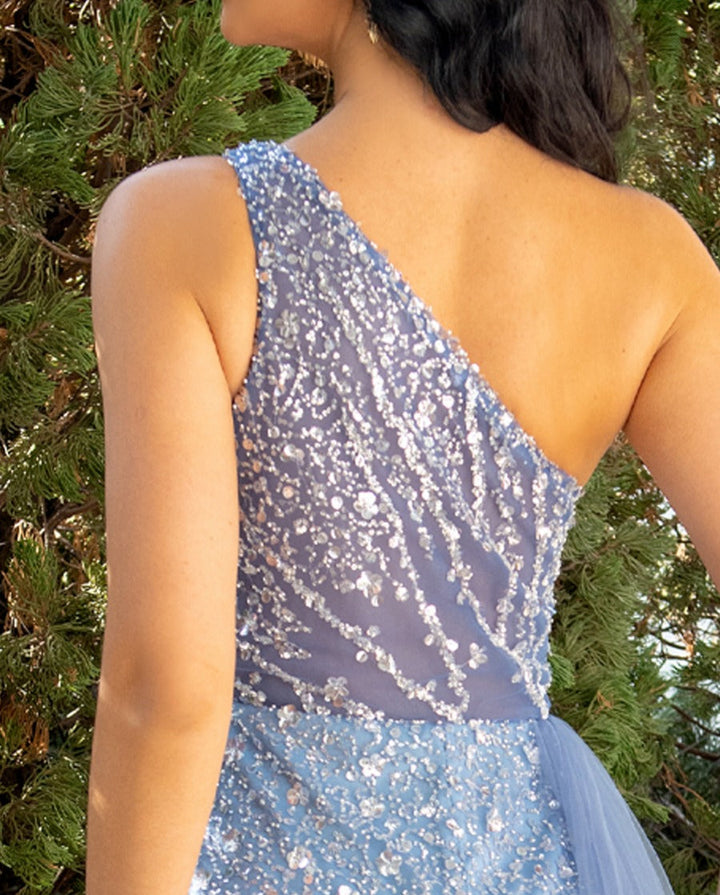 A-Line/Princess One-Shoulder Sleeveless Floor-Length Cutout Evening Dresses with Tulle & Sequins