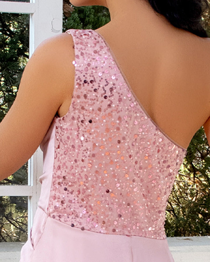 Sheath/Column One-Shoulder Sleeveless Ruched Sweep Train Asymmetrical Evening Dresses with Sequins & Ruffles