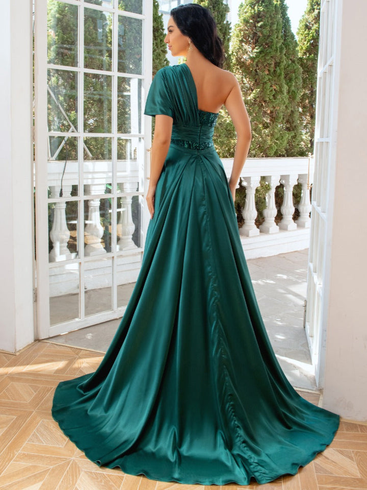 Sheath/Column One-Shoulder Ruched Evening Dresses with Sequins & Tulle & Detachable Train