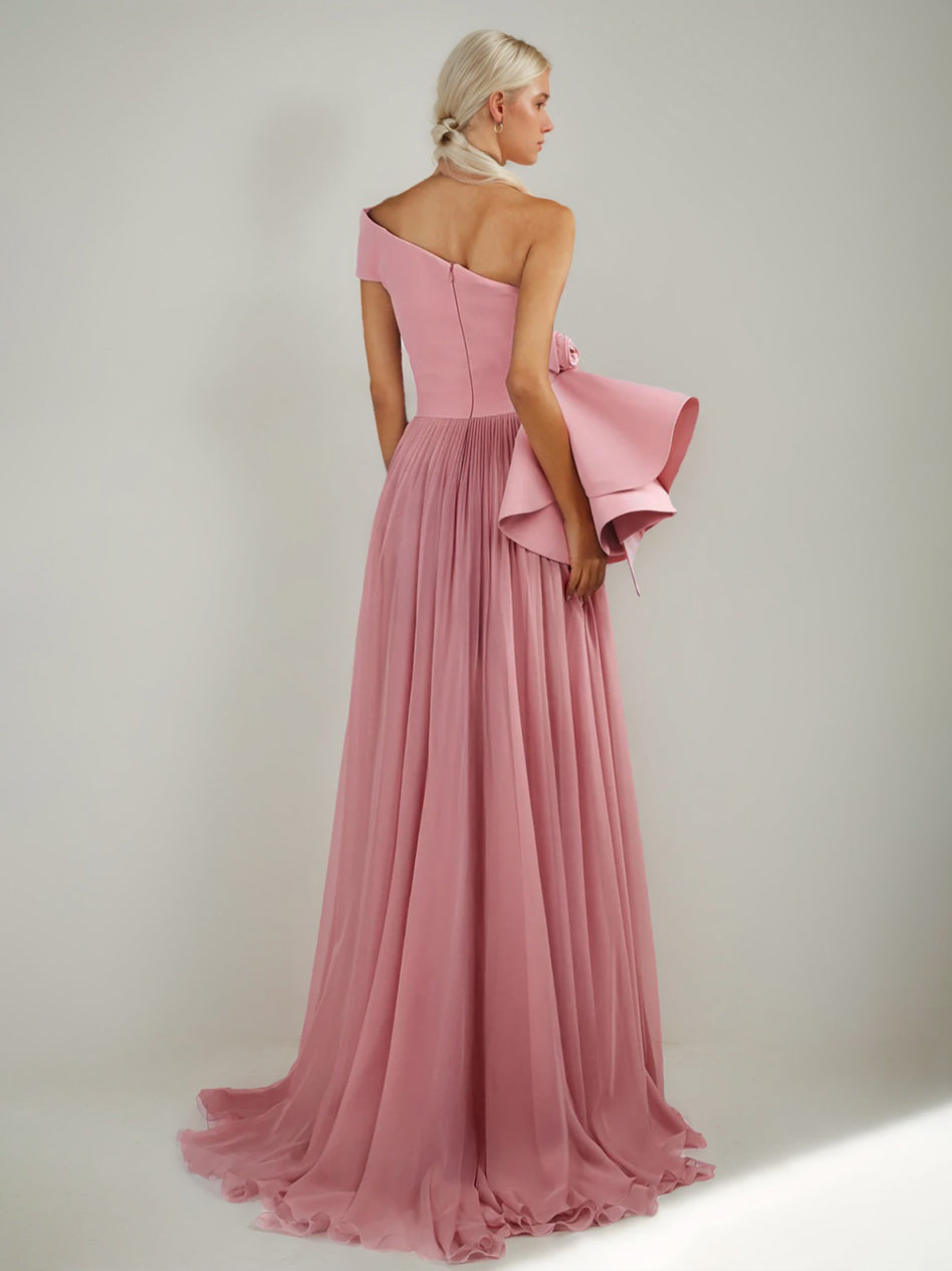 A-Line/Princess One-shoulder Floor-Length Pleated Evening Dresses with High Slit & Ruffles & 3D Flowers