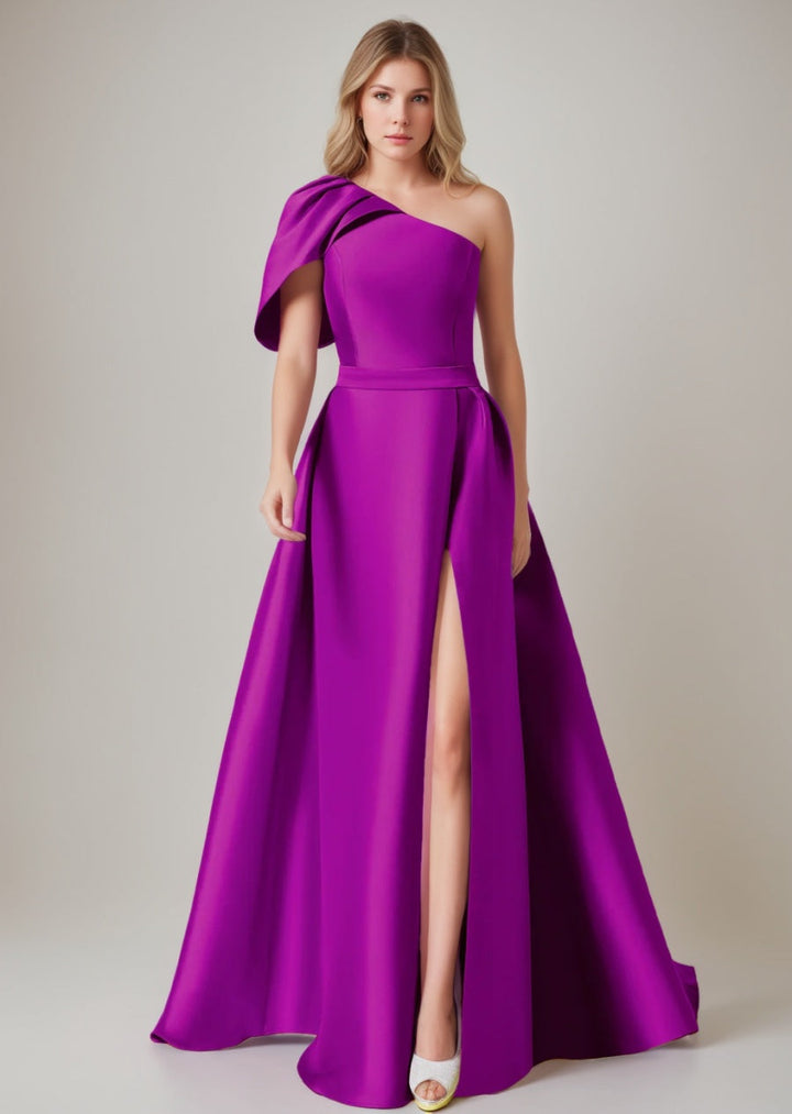 A-Line/Princess One-shoulder One Sleeve Ruched Evening Dresses with Sash & Slit