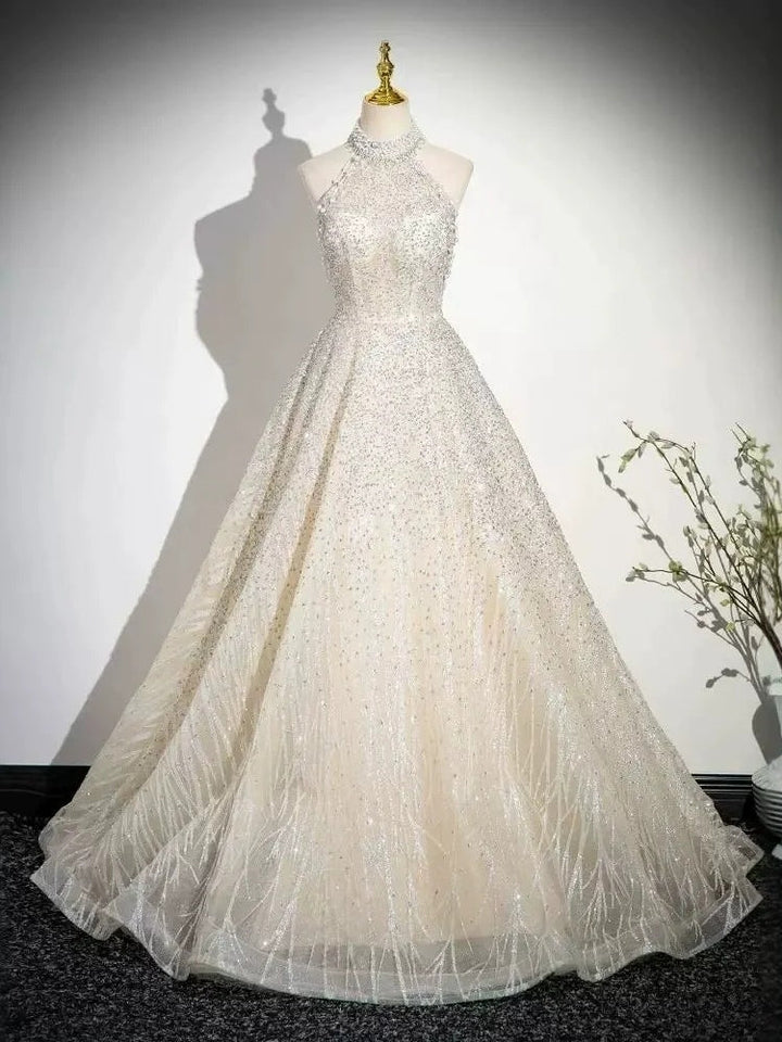 Ball Gown Halter Sleeveless Floor-Length Evening Dresses with Lace-up & Jewel Appliques