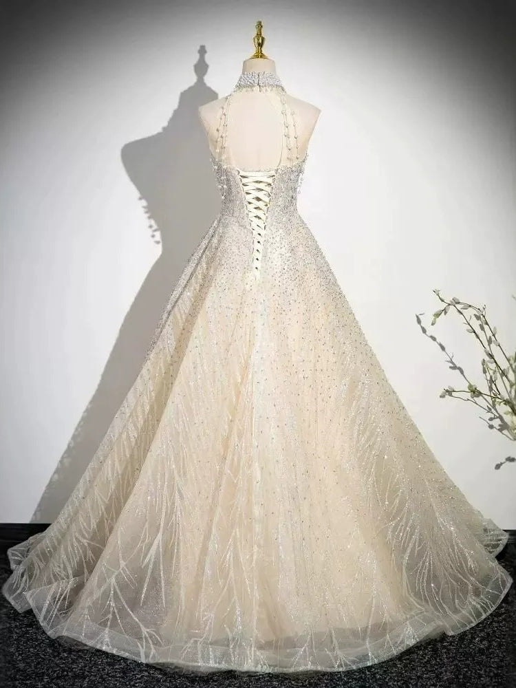 Ball Gown Halter Sleeveless Floor-Length Evening Dresses with Lace-up & Jewel Appliques