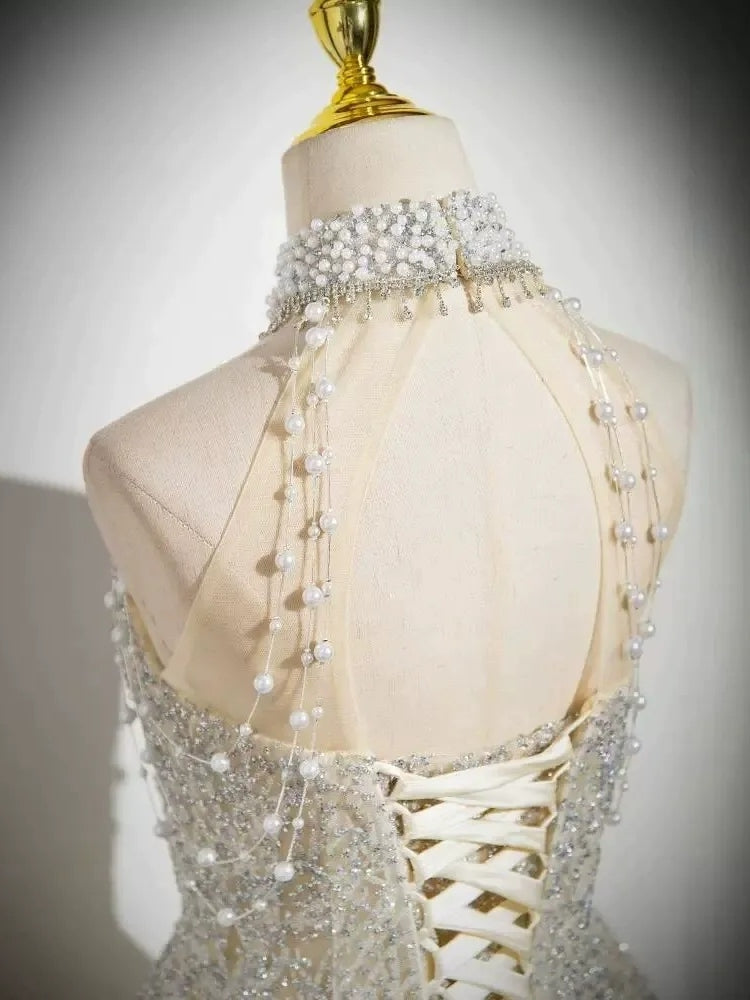 Ball Gown Halter Sleeveless Floor-Length Evening Dresses with Lace-up & Jewel Appliques