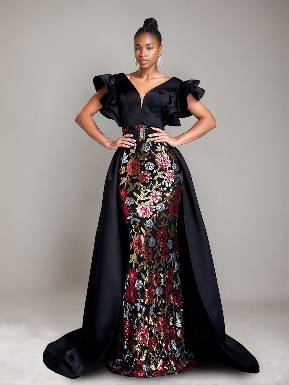 Trumpet/Mermaid Plunge V-Neck Ruffled Sleeves Evening Dresses with Belt & Floral Sequins & Watteau Train