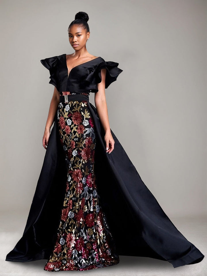 Trumpet/Mermaid Plunge V-Neck Ruffled Sleeves Evening Dresses with Belt & Floral Sequins & Watteau Train