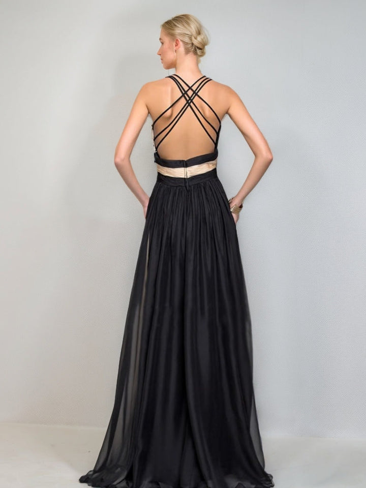 A-Line/Princess Plunge V-Neck Sleeveless Floor-Length Evening Dresses with Criss-cross Back Straps