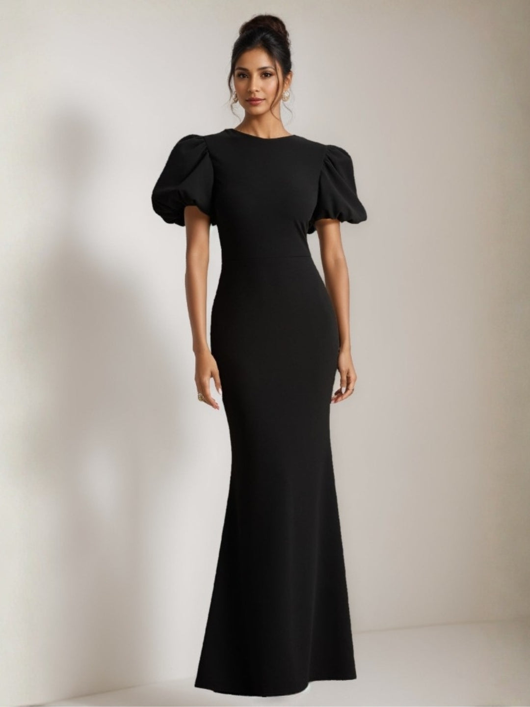 Mermaid  Stretch Satin Crew Neck Wedding Guest Dresses  Floor-Length Bow-Knot Short Sleeves