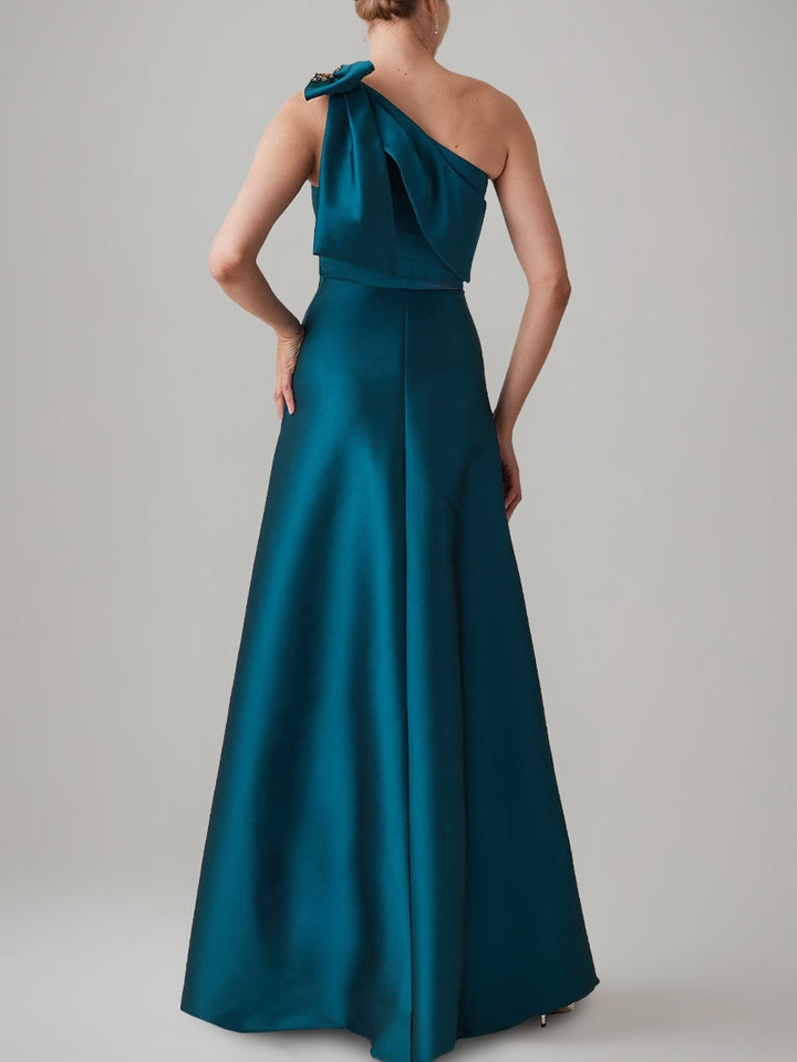 A-Line/Princess One-Shoulder Evening Dresses Floor-Length Satin Party Dresses with Jewel bow