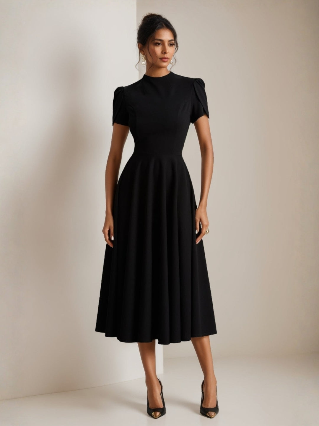 A-Line Stretch Satin Crew Neck Wedding Guest Dresses  Tea-Length Pleated Short Sleeves