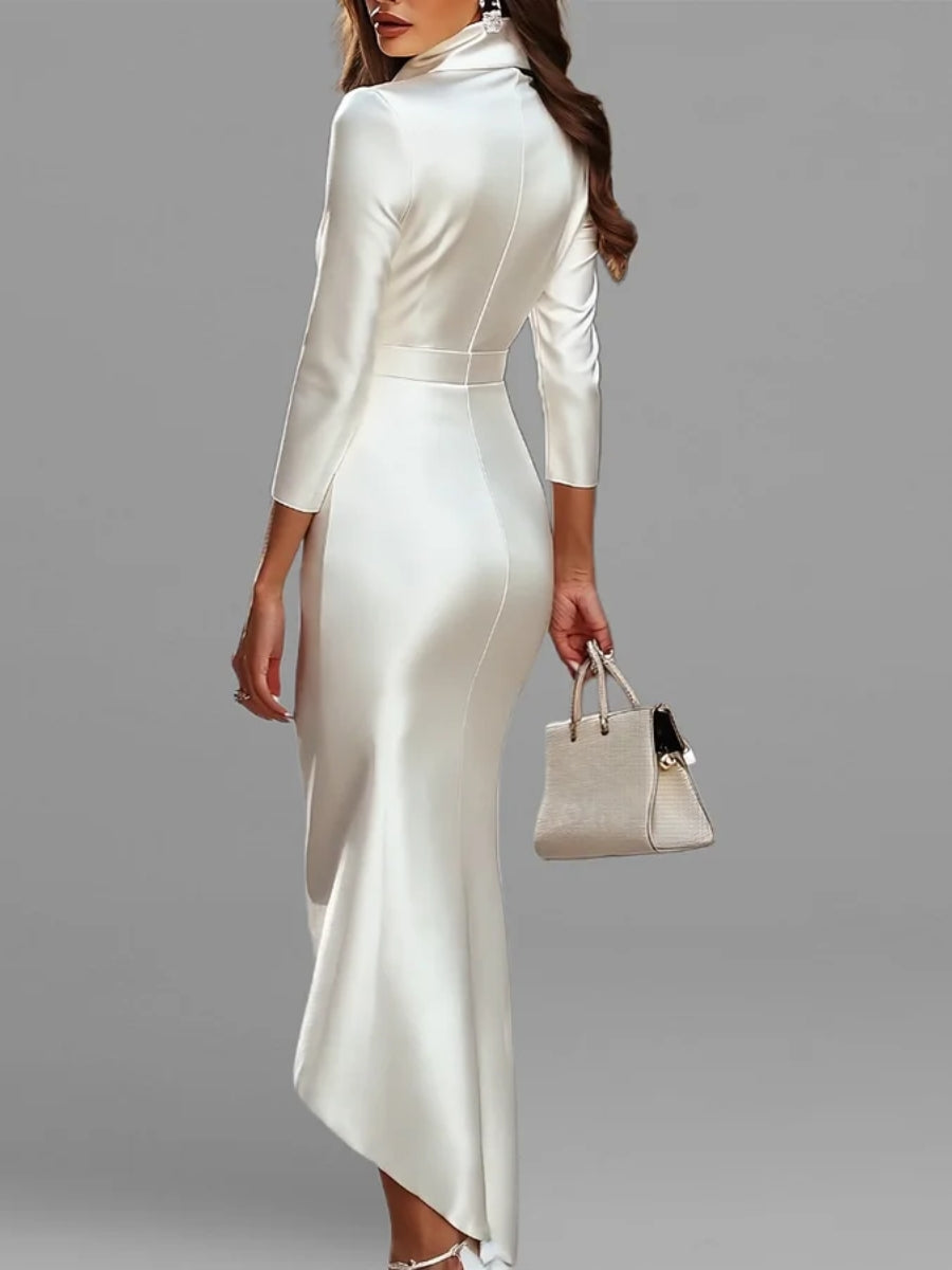 Sheath/Column V Neck 3/4 Sleeves Stand Collar Cocktail Dresses High-Low Ankle-Length Asymmetrical Wedding Guest Dresses