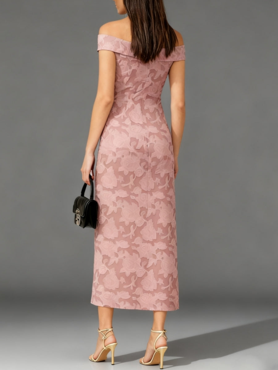 Sheath/Column Off-the-Shoulder Lace Cocktail Dresses Sleeveless Tea-Length Pleats Formal Dresses