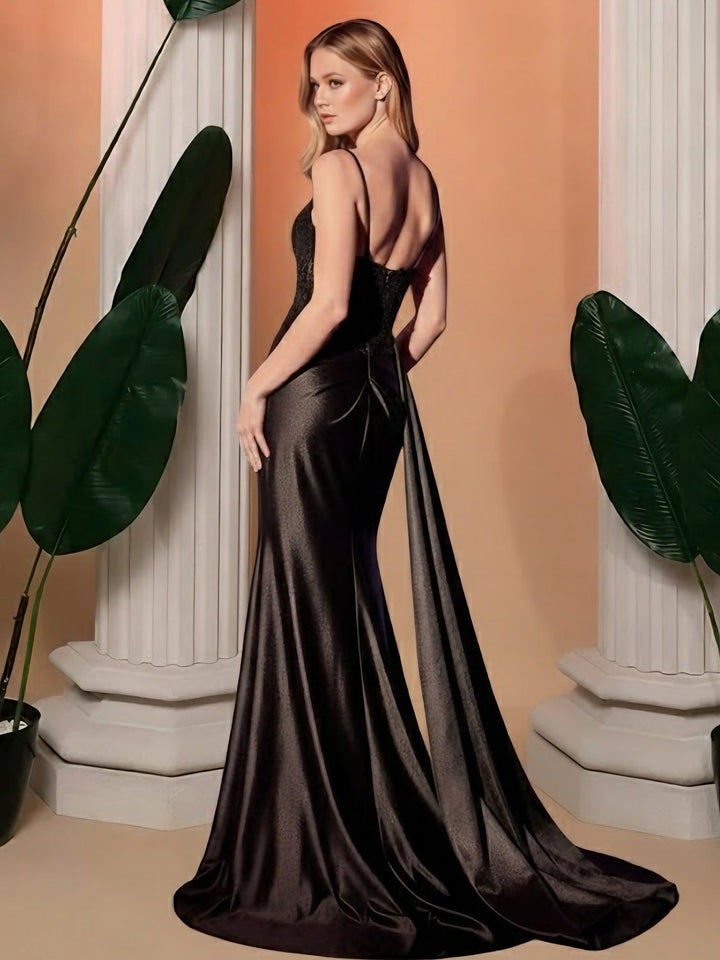 Trumpet/Mermaid Spaghetti Straps Silk Satin Evening Dresses Lace Floor-Length Sleeveless Split Side Party Dress with Watteau Train