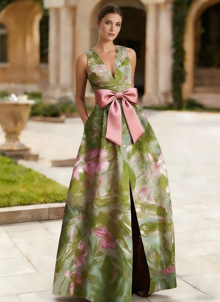 A-Line/Princess V-Neck Satin Evening Dresses Sleeveless Floral Floor-Length Bowknot Party Dress with Split Side