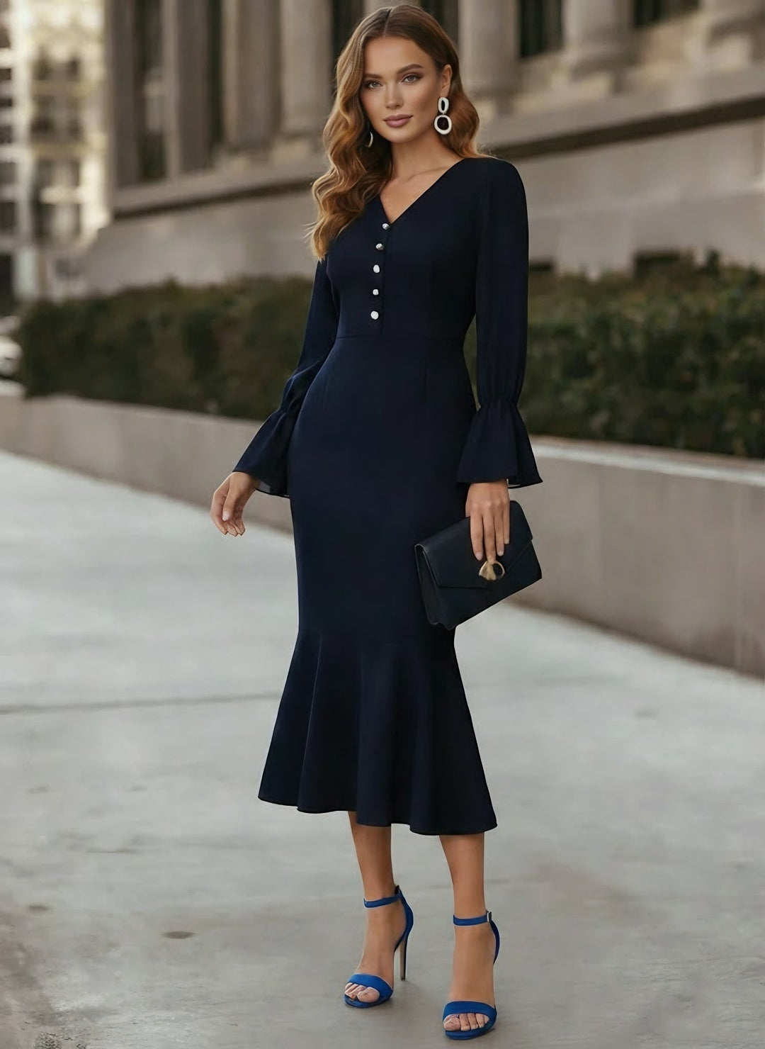 Trumpet/Mermaid V-Neck Chiffon Cocktail Dresses Tea-Length Long Sleeves Formal Dresses with Pearl Button