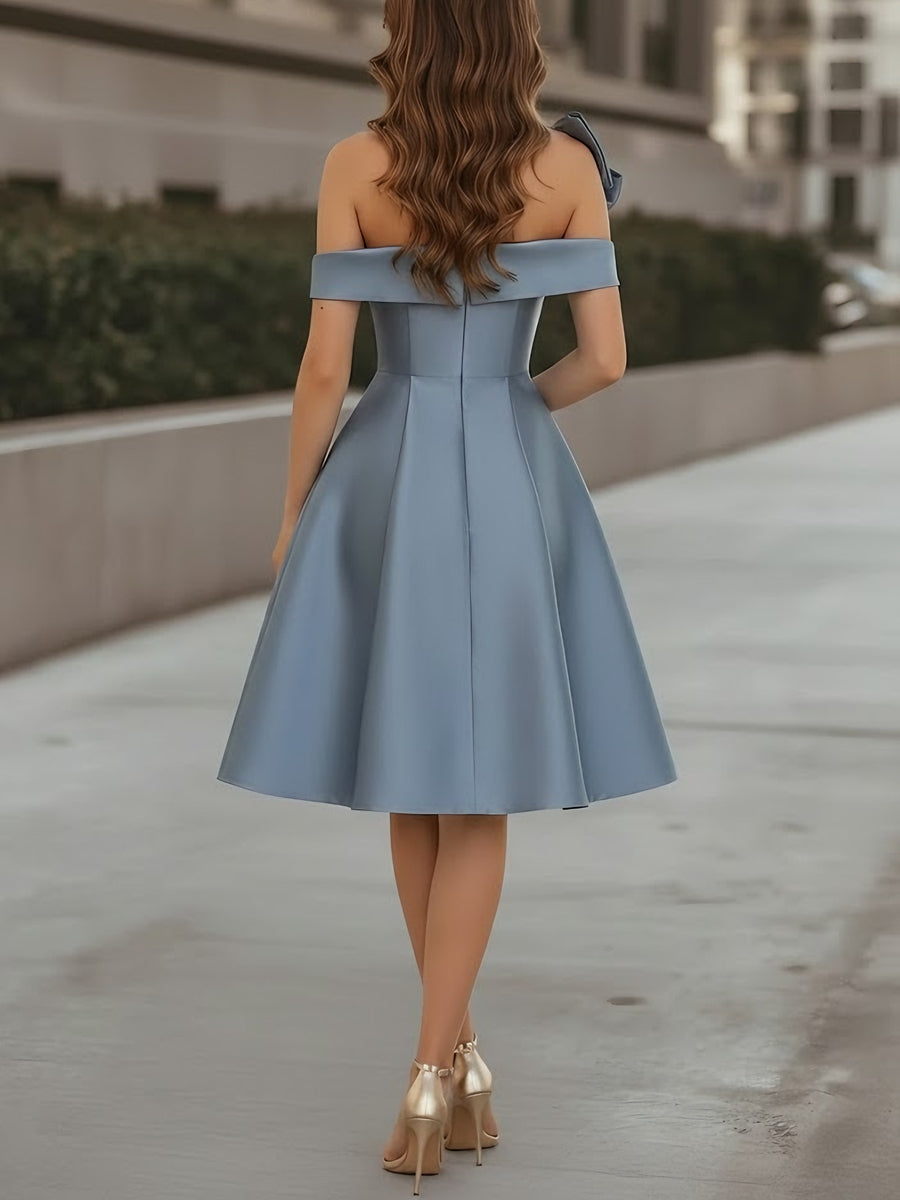 A-Line/Princess Off-the-Shoulder Satin Cocktail Dresses Sleeveless Knee-Length Formal Dresses with Bowknot
