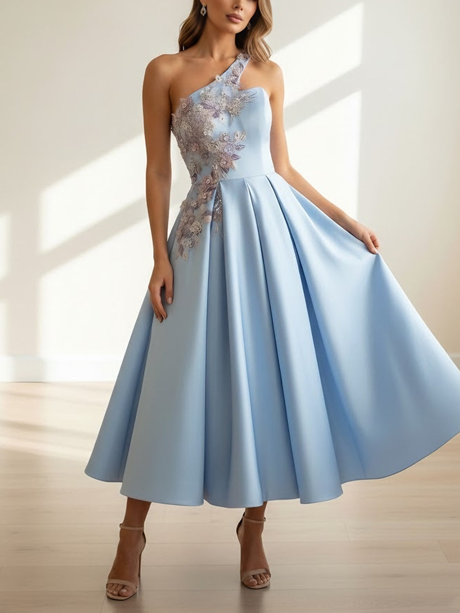 A-Line/Princess One-Shoulder Satin Cocktail Dresses Sleeveless Tea-Length Floral Formal Dresses
