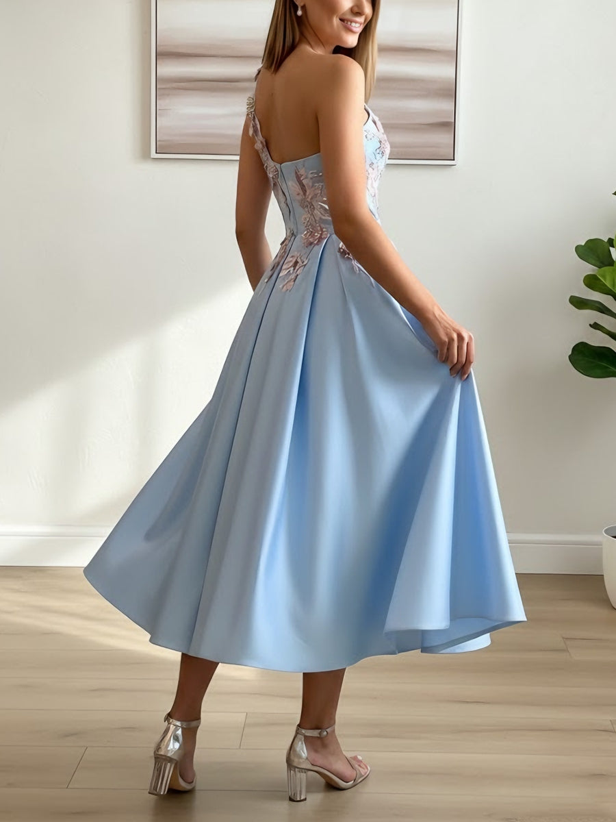 A-Line/Princess One-Shoulder Satin Cocktail Dresses Sleeveless Tea-Length Floral Formal Dresses