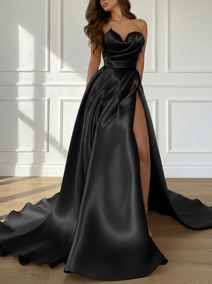 A-Line/Princess Sweetheart Satin Evening Dresses with Split Side Sleeveless Floor-Length Party Dresses