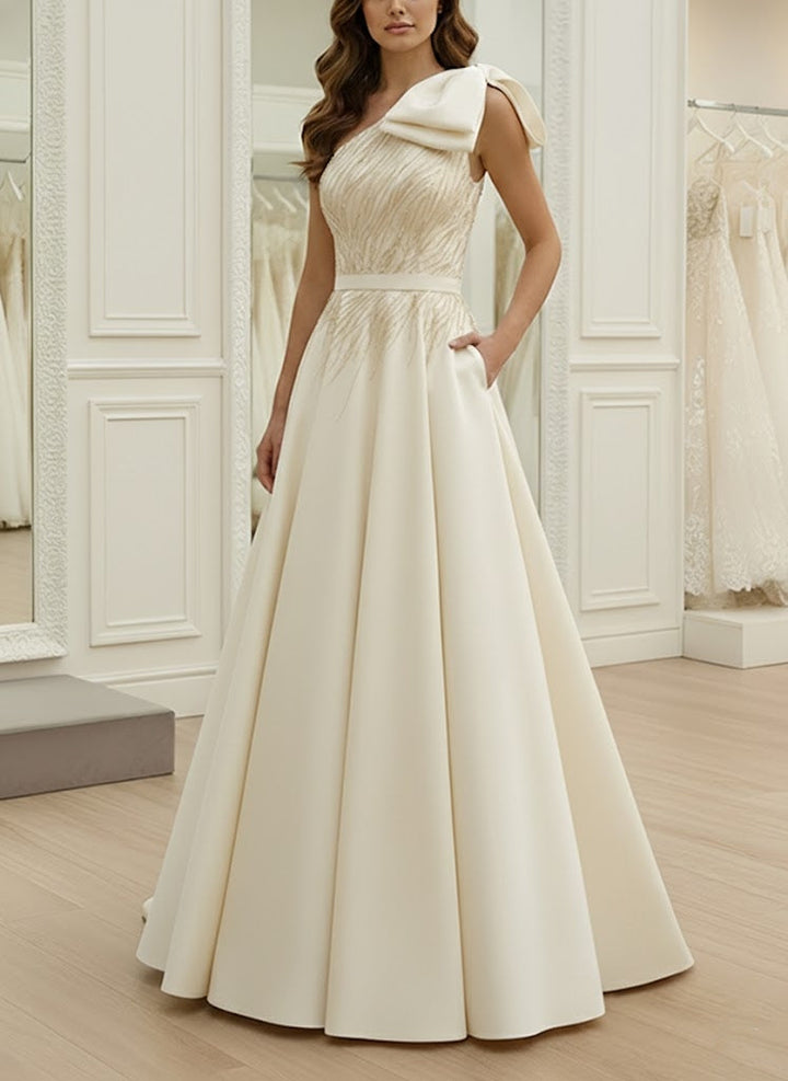 A-Line/Princess One-Shoulder Satin Evening Dresses with Bowknot Sleeveless Sequins Floor-Length Party Dresses