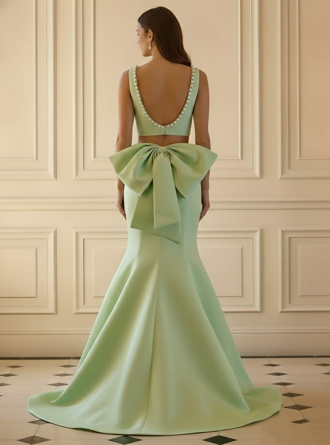 Trumpet/Mermaid 2 Pieces Square Collar Satin Evening Dresses with Bowknot Sleeveless Pearl Floor-Length Party Dresses