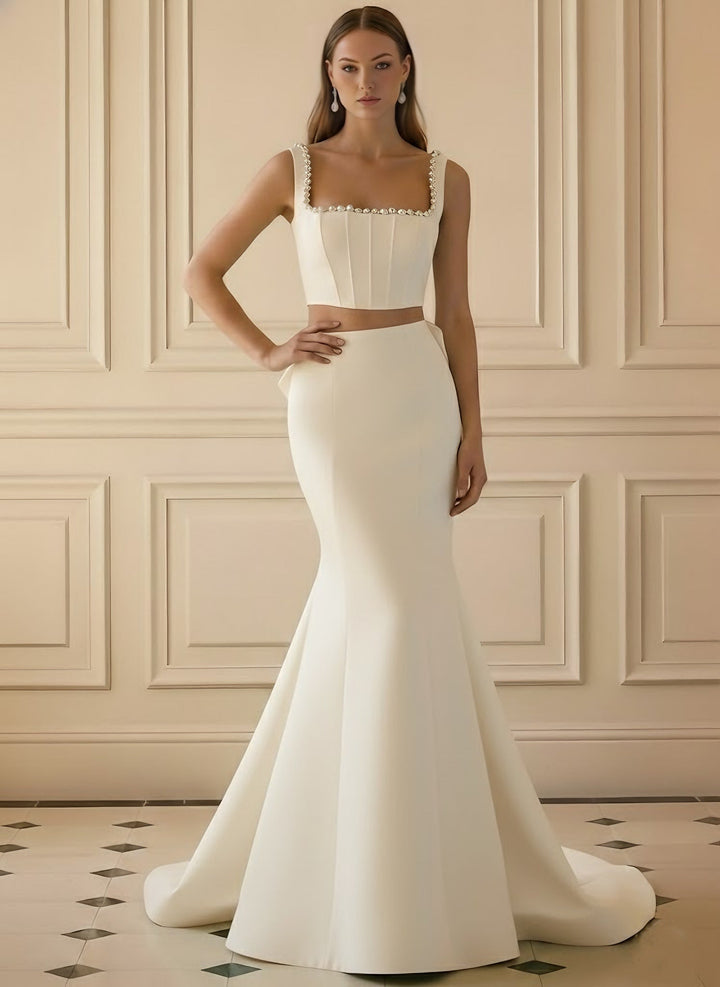 Trumpet/Mermaid 2 Pieces Square Collar Satin Evening Dresses with Bowknot Sleeveless Pearl Floor-Length Party Dresses