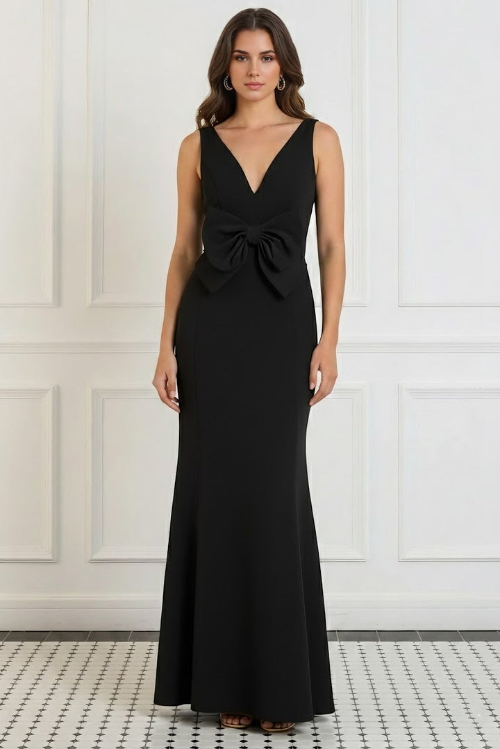 Trumpet/Mermaid V-Neck Stretch Satin Evening Dresses Floor-Length Sleeveless Bowknot Party Dresses