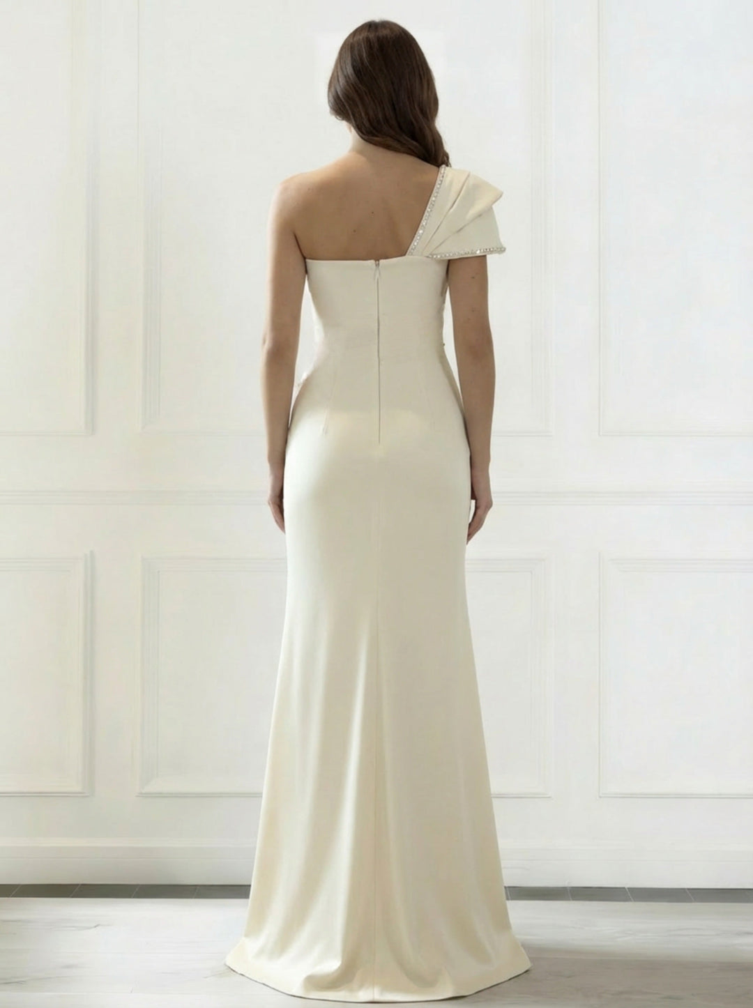 Trumpet/Mermaid One-Shoulder Stretch Satin Evening Dresses with Split Side Floor-Length Sleeveless Sequins Party Dresses