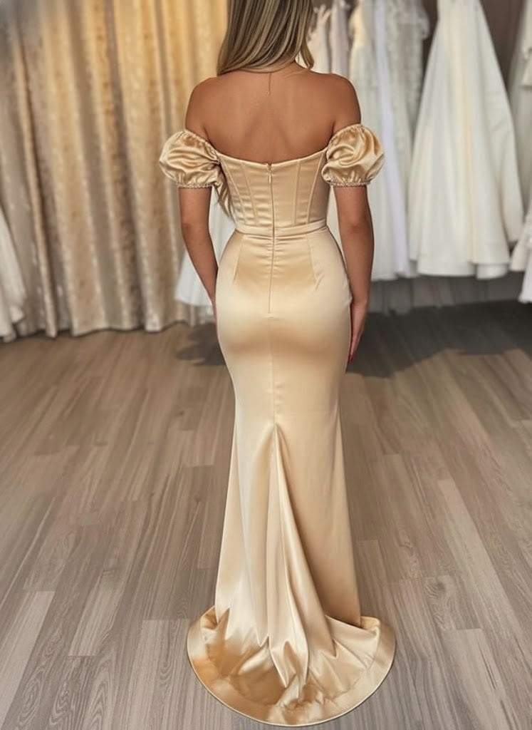 Trumpet/Mermaid Off-the-Shoulder Evening Dresses Silk Satin Short Sleeves Floor-Length Ruched Party Dresses