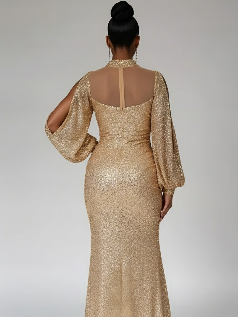 Sheath/Column High Neck Sequins Evening Dresses with Split Side Floor-Length Long Sleeves Party Dresses