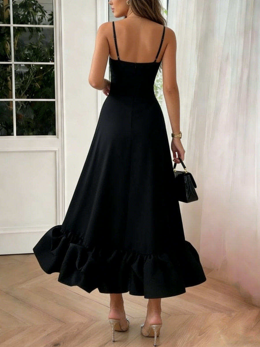 A-Line/Princess Spaghetti Straps Stretch Satin Cocktail Dresses Sleeveless Tea-Length Ruffles Formal Dresses