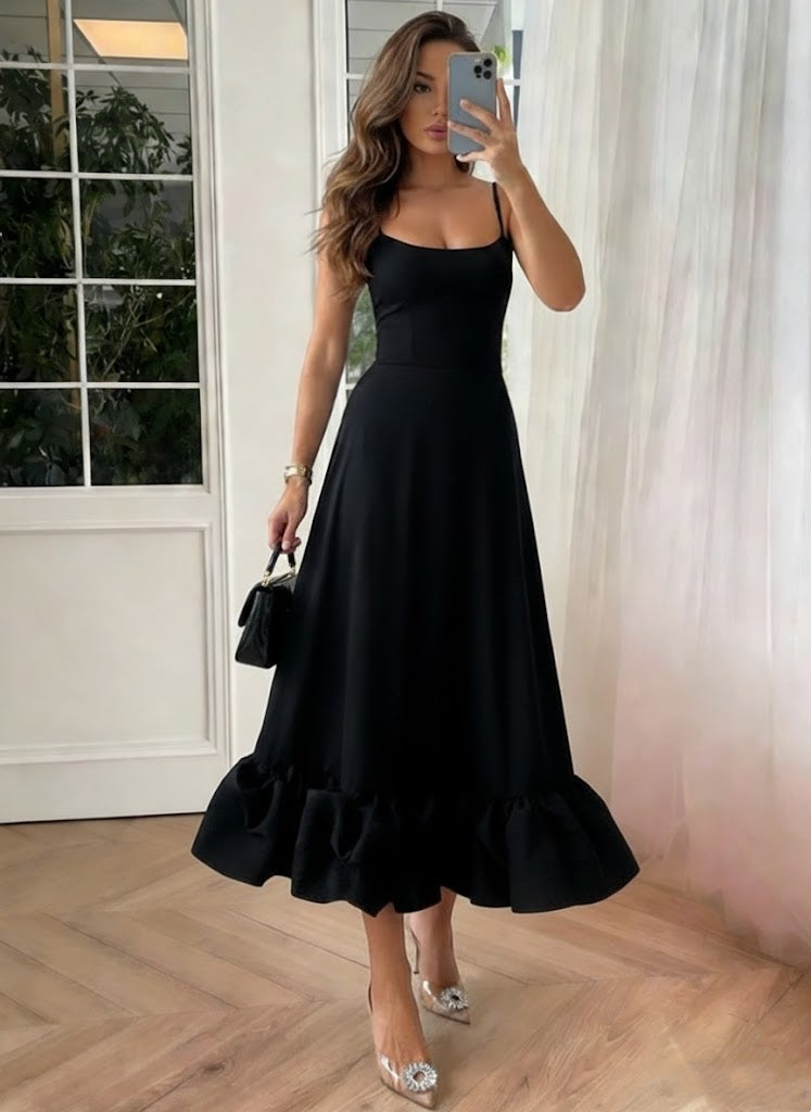 A-Line/Princess Spaghetti Straps Stretch Satin Cocktail Dresses Sleeveless Tea-Length Ruffles Formal Dresses
