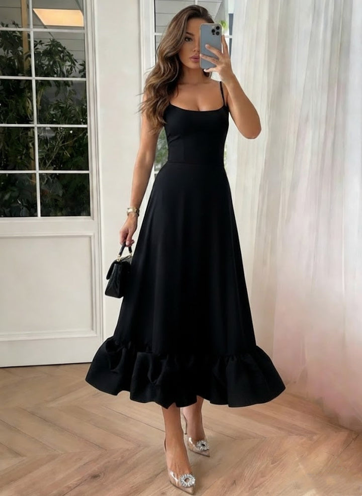 A-Line/Princess Spaghetti Straps Stretch Satin Cocktail Dresses Sleeveless Tea-Length Ruffles Formal Dresses