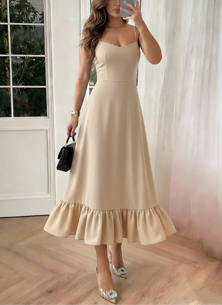 A-Line/Princess Spaghetti Straps Stretch Satin Cocktail Dresses Sleeveless Tea-Length Ruffles Formal Dresses