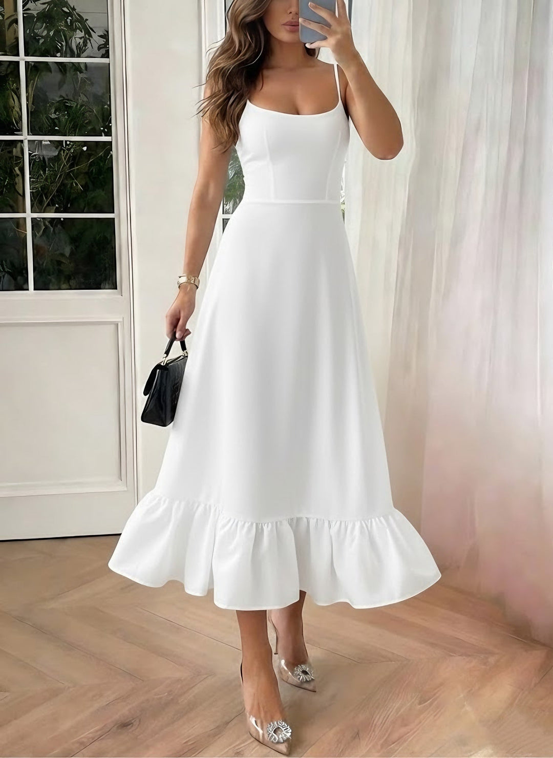 A-Line/Princess Spaghetti Straps Stretch Satin Cocktail Dresses Sleeveless Tea-Length Ruffles Formal Dresses