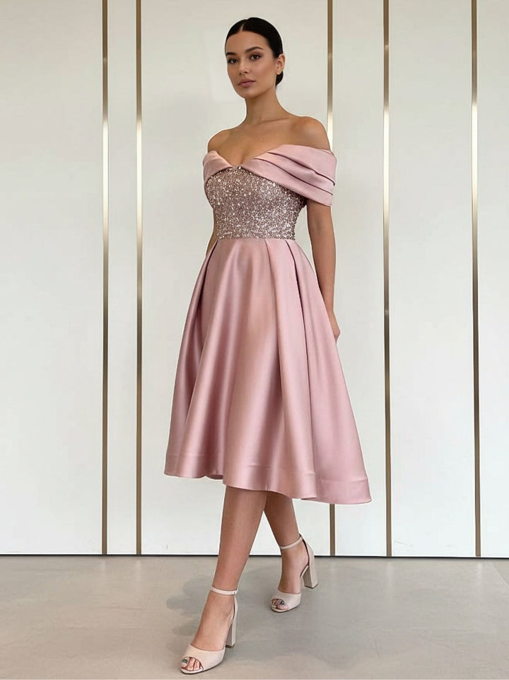 A-Line/Princess Off-the-Shoulder Cocktail Dresses Sequins Sleeveless Tea-Length Formal Dresses