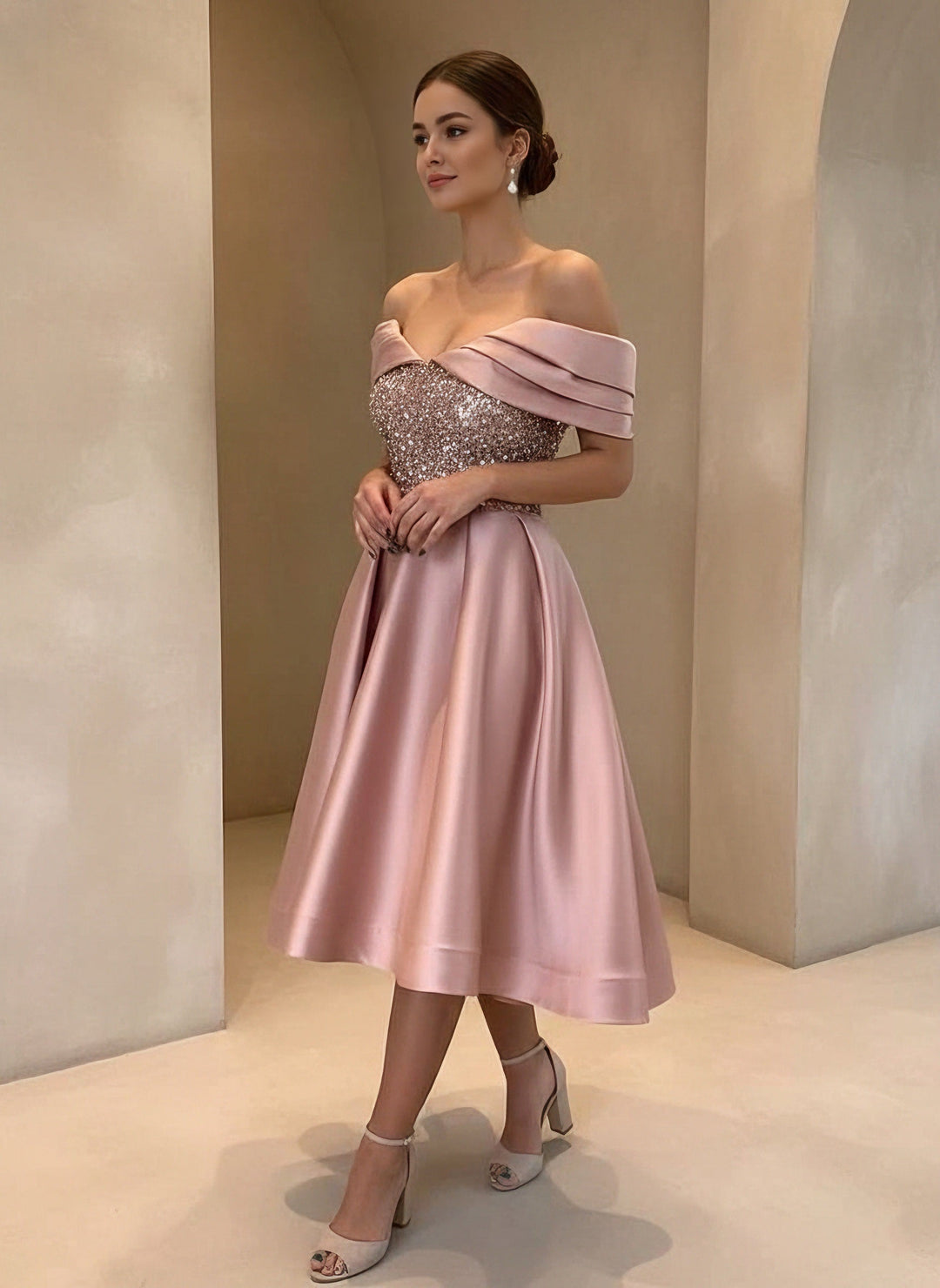 A-Line/Princess Off-the-Shoulder Cocktail Dresses Sequins Sleeveless Tea-Length Formal Dresses