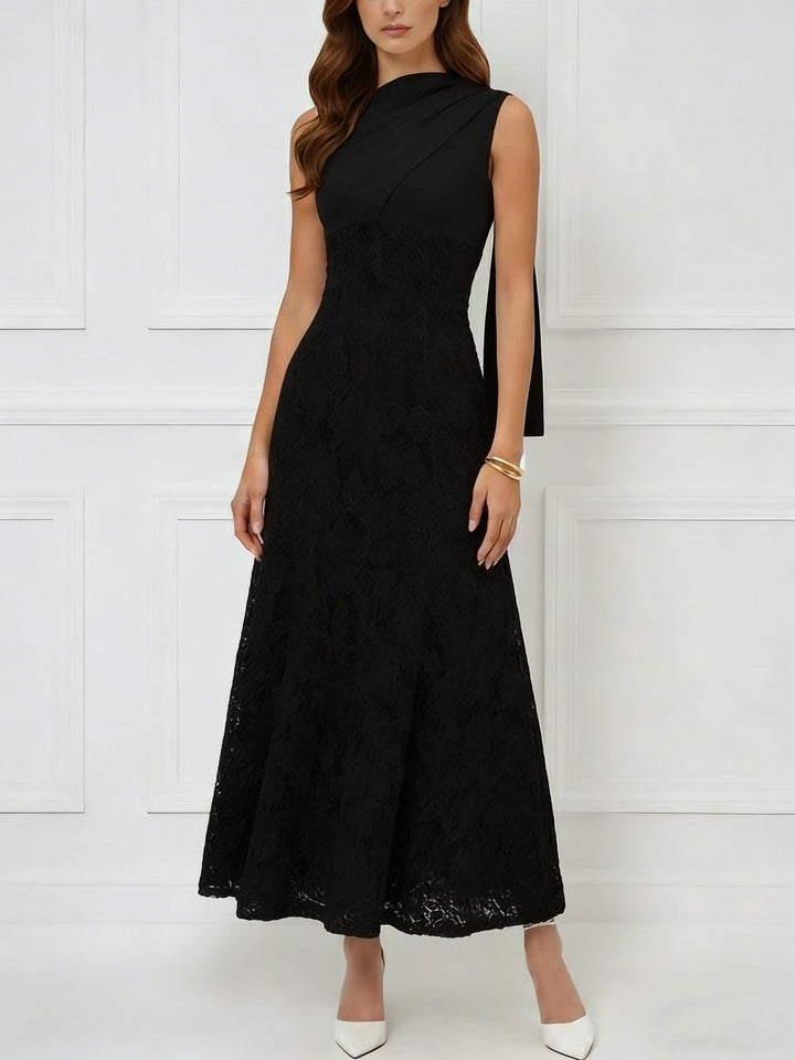 Trumpet/Mermaid Scoop Stretch Satin Cocktail Dresses with Watteau Train Lace Ankle-Length Sleevelesss Formal Dress