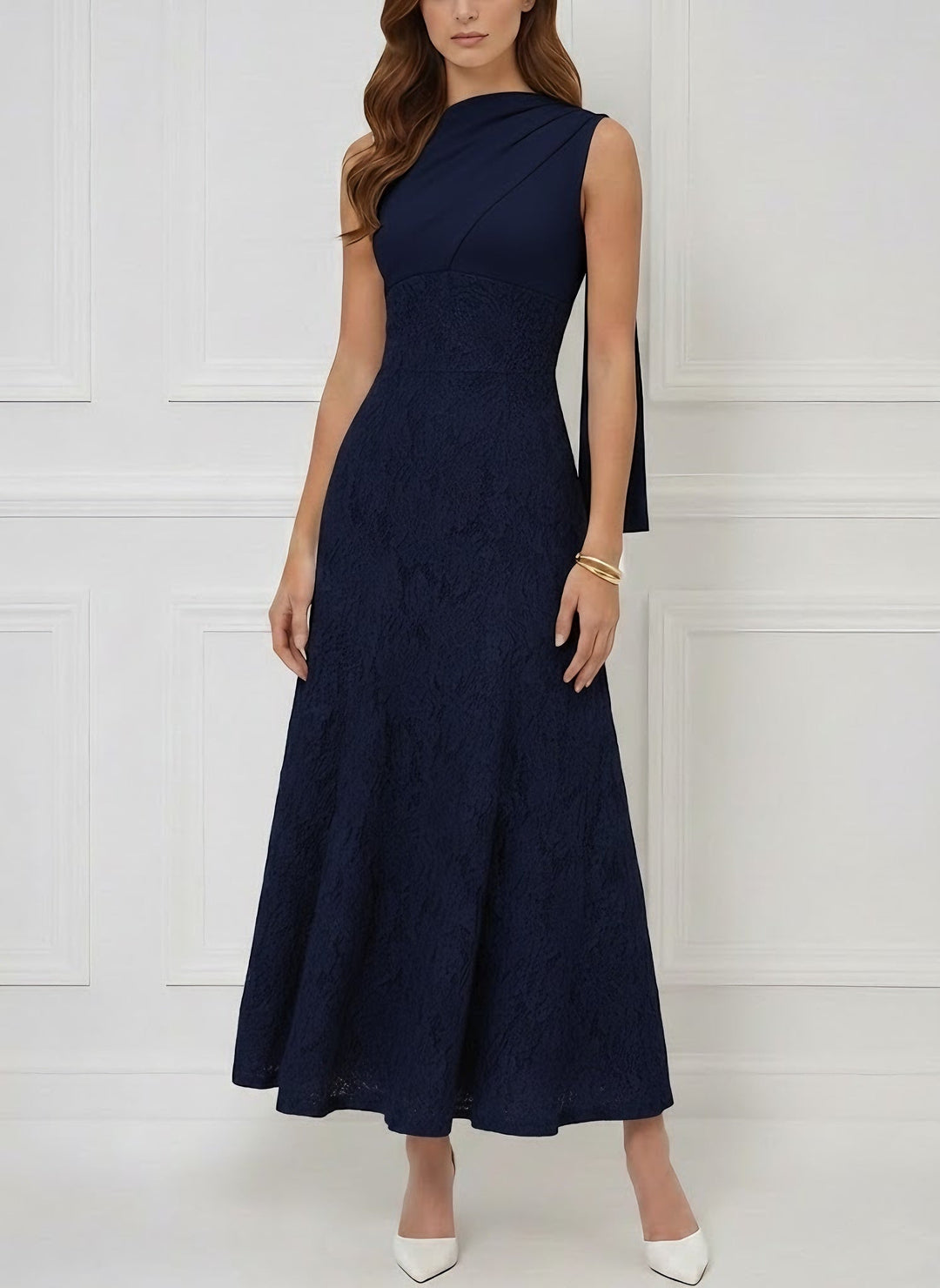 Trumpet/Mermaid Scoop Stretch Satin Cocktail Dresses with Watteau Train Lace Ankle-Length Sleevelesss Formal Dress